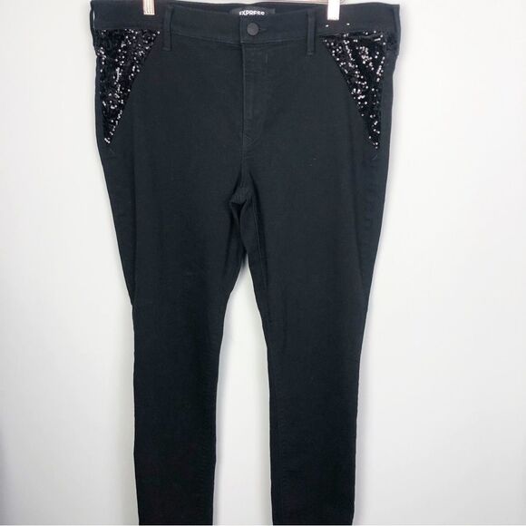 EXPRESS | Black Mid Rise Skinny Jeans Velvet Sequin Accents Women’s Size 16 - Picture 3 of 12